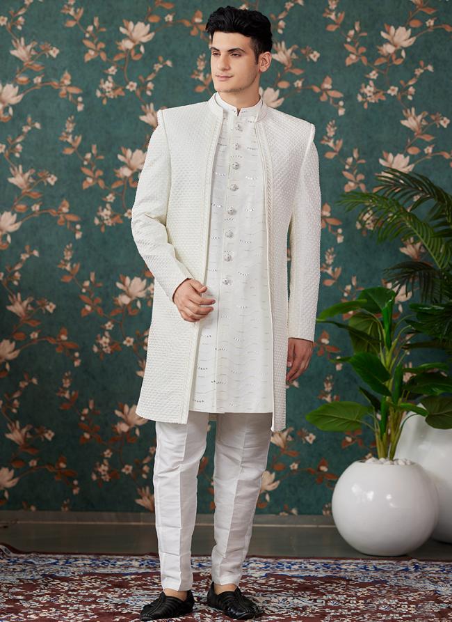 Art Silk Cream Groom Wear Thread Work Readymade Sherwani